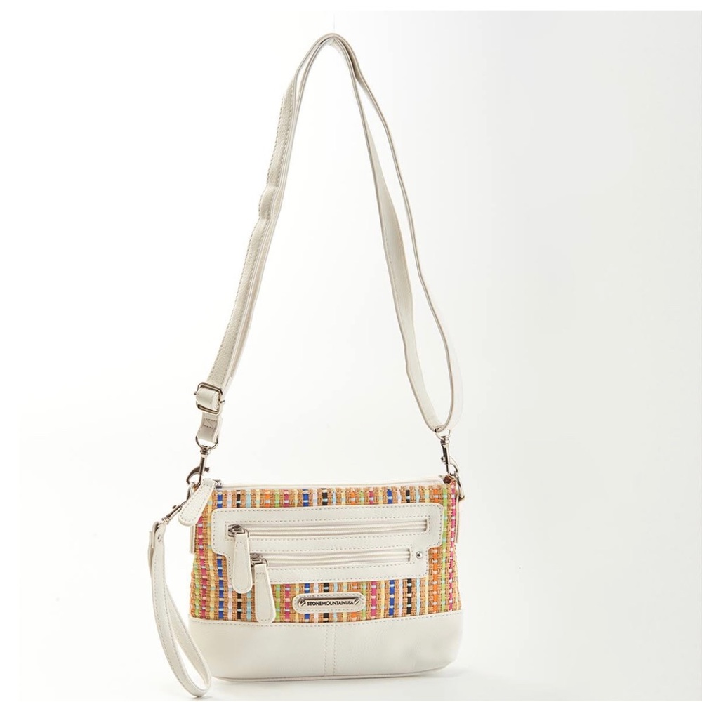 Stone Mountain NWOT Crossbody Wristlet Adjustable Strap White and Tan Woven